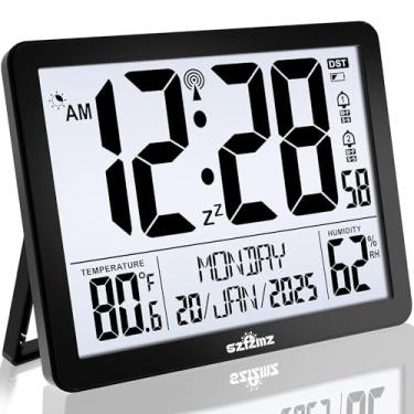 Imagem de Relógio de parede digital atômico operado a bateria com luz de fundo, relógios de mesa com temperatura e umidade internas, despertador pequeno de 21,6 cm com data e dia da semana para quartos, sala de