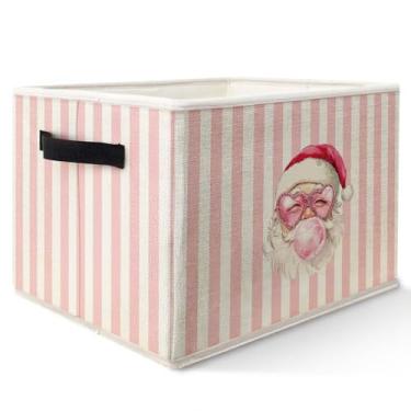 Imagem de Yhtrg Cesta de armazenamento rosa de Papai Noel com alças, listrada, rosa, papai noel, caixas de armazenamento de tecido dobráveis para presentes, meninas, dormitório, quarto, banheiro, roupas