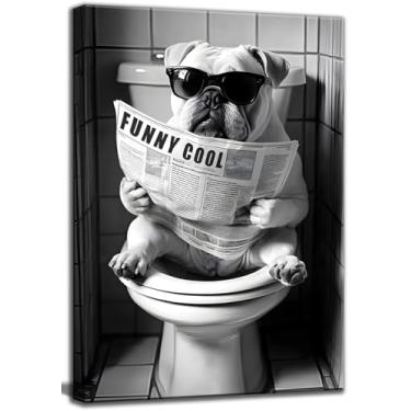 Imagem de Arte de parede em tela de cachorro de banheiro engraçado banheiro preto e branco animal decoração de parede imagens legais exclusivas cachorro banheiro lendo jornal pintura pôsteres impressões para