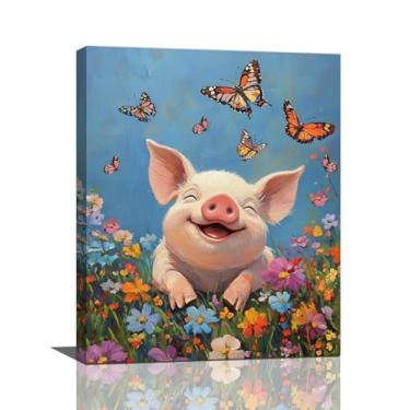 Imagem de Arte de parede de porco, fotos engraçadas de borboletas de porcos, decoração de parede, pinturas em tela de flores de animais de fazenda, arte emoldurada para banheiro, sala de estar, quarto, cozinha
