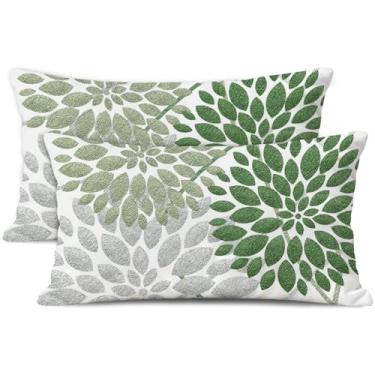 Imagem de WitHero Conjunto de 2 capas de almofada decorativas, 30,5 x 50,8 cm, branco, linho, verde, prata, cinza, fazenda, interior, exterior, moderna, floral, dália, flores, capa de almofada para sofá