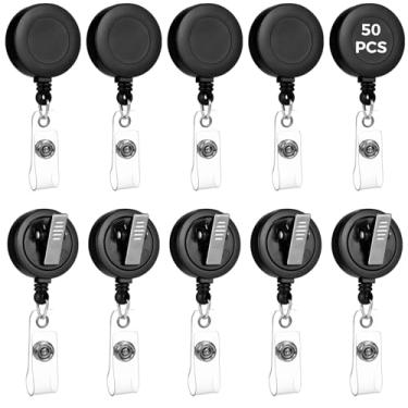 Imagem de 50 peças de porta-crachás ajustáveis, carretéis retráteis de cartão de identificação com clipe giratório de 360° e clipe jacaré, cabo de 60 cm, preto