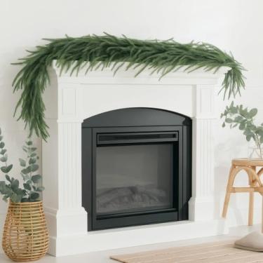 Imagem de Conjunto de 2 peças de guirlanda de pinheiro artificial de 1,8 m, pinheiro norfolk de toque real com laços para pendurar para decoração de Natal, uso interno e externo na mesa, cornija, porta