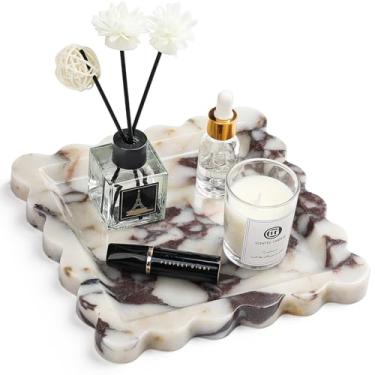 Imagem de Bandeja de banheiro de mármore natural – Bandeja de perfume Moujings genuína para decoração de casa, bandeja de mármore para banheiro organizador de bancada, lenços, velas, café, chave