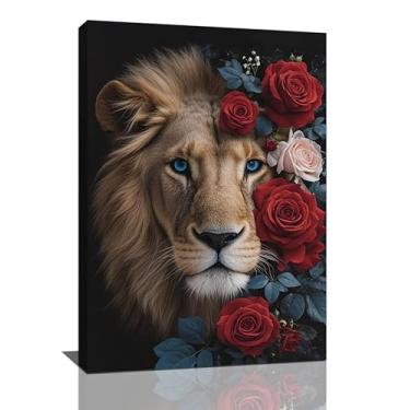 Imagem de Crekviy Leão arte de parede imagens de leão decoração de parede rosa vermelha impressões em tela pintura decoração de arte para escritório banheiro quarto sala de estar presentes emoldurados 40.6 cm x