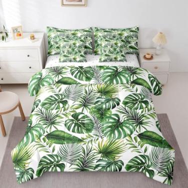 Imagem de Erosebridal Conjunto de edredom havaiano com folhas de palmeira, tamanho Queen, 7 peças, monstera, folhas de bananeira, decoração de quarto, roupa de cama tropical de verão com lençóis