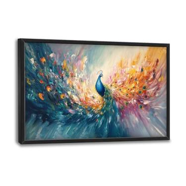 Imagem de Flintis Arte de parede emoldurada de pavão grande colorido imagens de penas de pavão decoração de parede pintura abstrata em tela de animal impressão de obras de arte decoração emoldurada para sala de