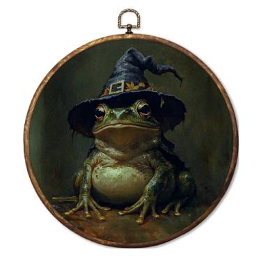 Imagem de Fyecoluo Arte de parede em tela redonda Moody Forg vintage, arte em tela emoldurada Dark Academia Frog, estampa gótica Witchy Cottagecore animal círculo para decoração de casa, quarto, sala de estar