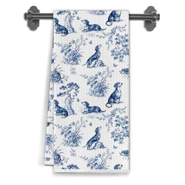 Imagem de Elefeltclave Chinoiserie Toalhas de cozinha para cães Dachshund, presentes Weiner para mulheres, panos de prato para decoração de cozinha, toalha de mão decorativa de cachorro floral azul e branco