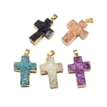 Imagem de MakemadeDIY Pingentes de cruz de ágata drusa natural, 5 peças, pingentes de cruz colorida com pingentes de latão para fazer brincos, colares, pulseiras, joias, artesanato, presente