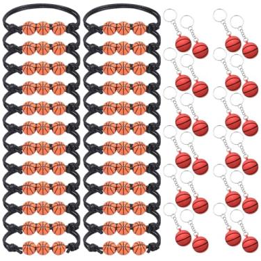 Imagem de 48 pulseiras e chaveiros com tema de basquete, faixas ajustáveis com anéis de metal, lembrancinhas de festa esportiva