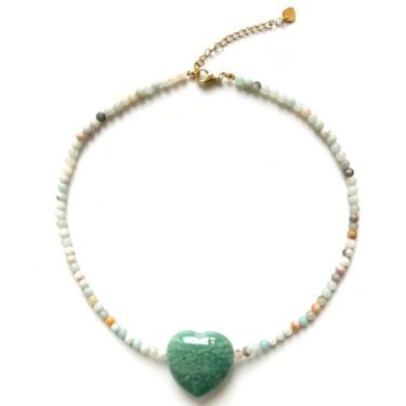 Imagem de MEVOME Colar com pingente de coração grosso com contas de pedra natural, banhado a ouro 18K, pedra preciosa, pêssego, coração, gargantilha feminina, joia para presente de aniversário, Natal, Ano Novo