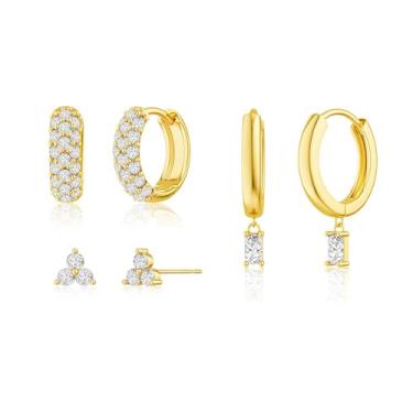 Imagem de Conjunto de brincos de corrente de ouro delicado para mulheres (3 pares) - Pingente longo hipoalergênico banhado a ouro 14K, argola empilhável e joia de zircônia cúbica, 3-Pair, Latão, Sem pedra