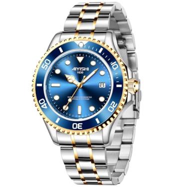Imagem de AIYISHI Relógio masculino de luxo para homens, relógio de pulso de aço inoxidável à prova d'água com mostrador dourado azul, confortável e estiloso, relógio casual clássico para presente.