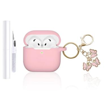 Imagem de AZGYIAI Capa compatível com Apple AirPods 4ª geração (2024), capa de silicone macio para AirPods 4 com chaveiro borboleta e kit de limpeza para meninas e mulheres (rosa)