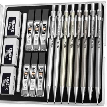 Imagem de Nicpro Conjunto de 8 lápis mecânicos de metal de 0,5 mm e 0,7 mm, lápis de desenho MB1000 para escrita de artistas, esboços, desenho com 8 tubos HB refis de chumbo, 3 peças de borracha 4B, borracha de