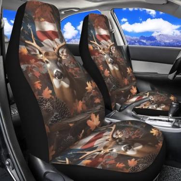Imagem de Dreaweet Capa de assento de carro com bandeira americana de caça de veados, capa de assento de carro lavável universal, apenas 2 peças, capas de assento de balde elásticas para a maioria dos carros