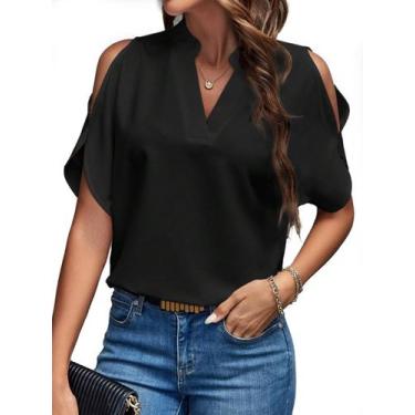 Imagem de Blusa HyboMluo Summer Cold Shoulder com decote em V  preta GG