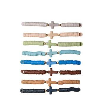 Imagem de Kysin Chiys 8 pulseiras de cruz com cartão Jesus pulseiras artesanais elásticas coloridas contas de argila religiosas pulseiras cristãs para mulheres domingo, Natal, Halloween, petisco sem doces