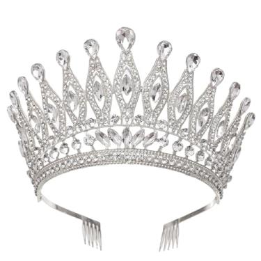 Imagem de YIXIANGPING Tiaras e coroas para mulheres, tiara de casamento para noiva, coroa de rainha de strass, acessórios de cabelo de fantasia de cristal para aniversário e formatura coroa com pentes (prata)