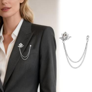 Imagem de Corrente banhada a ouro prata cristal rosa broches colar pinos strass com corrente pendurada terno camisa broche lapela broche jóias moda para homens mulheres, Medium, Cristal, Cristal