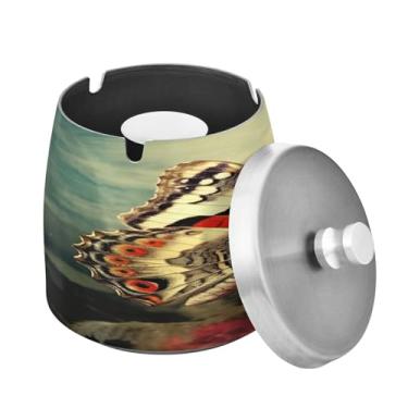 Imagem de Blueangle Cinzeiro de borboleta vintage com tampa para cigarros, à prova de vento/chuva, aço inoxidável, sem fumaça, inodoro, cinzeiro para uso interno ou externo (451)