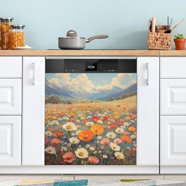 Imagem de ATTX Pintura a óleo vintage flores silvestres capa ímã máquina de lavar louça, 58 cm C x 66 cm A decoração da capa frontal da máquina de lavar louça, decalques de armário doméstico eletrodomésticos
