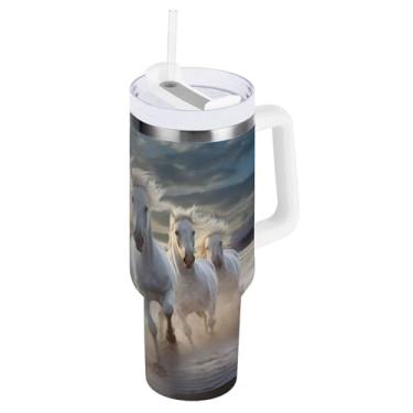 Imagem de Blueangle Copo isolado de 850 g com alça e tampa de canudo - Caneca de viagem de aço inoxidável à prova de vazamento, garrafa de água de corrida de cavalo branco a vácuo de parede dupla (360)
