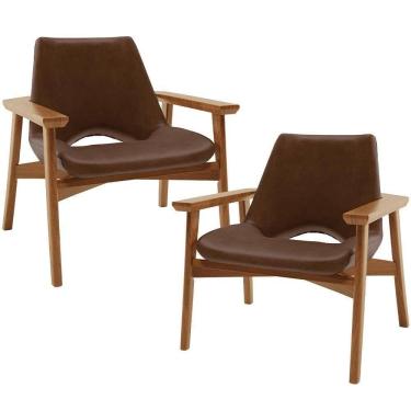 Imagem de Kit 02 Poltronas Decorativa Para Sala De Estar Living Base Madeira Becker L02 Couríssimo Marrom - Lyam Decor