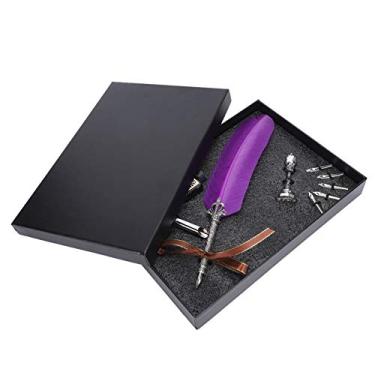 Imagem de Conjunto de canetas de pena Caneta de mergulho para escrita de penas Presente vintage de caligrafia antiga para alunos Professores Escritores com 5 pontas de reposição Suporte (Roxa)