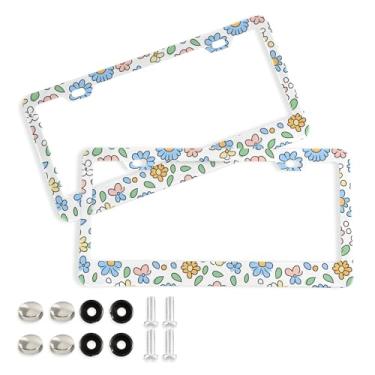 Imagem de SEHANY Molduras de placa de licença de flores florais coloridas, capas de moldura de placa de carro de alumínio à prova de ferrugem com orifícios elípticos e parafusos serve para veículos padrão dos