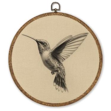 Imagem de Decoração de parede redonda de pato rústica, estampa em tela de pato floral rústico emoldurada, decoração de parede circular retrô Cottagecore para casa, quarto, cozinha, 25 x 25 cm (beija-flor)