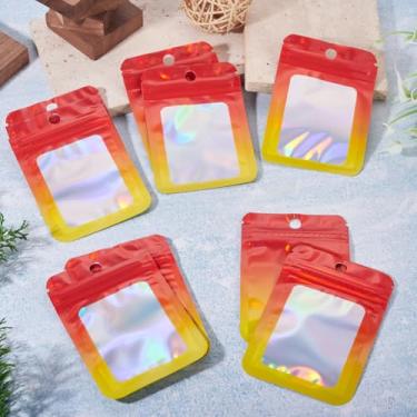 Imagem de 60 unidades de sacos de plástico holográfico com zíper 10 x 7 cm gradiente laranja glitter bolsa de embalagem selável com orifício para pendurar bolsa de presente para joias, miçangas, berloques