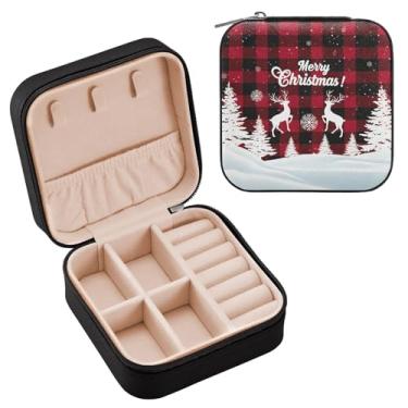 Imagem de Wassud Estojo xadrez de Natal para viagem de veado para mulheres, meninas, senhoras, noiva, mini organizador de joias de couro PU, caixa quadrada de armazenamento de joias para brincos, anéis, colar