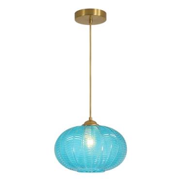 Imagem de Luminária pendente vintage azul em formato de globo, luminária pendente grande individual para ilha de cozinha, luminária pendente dourada escovada para sala de jantar estilo meados do sécul