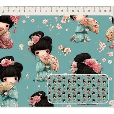 Imagem de Tecido Tricoline digital Coleção Cute Kokeshi Japonesas com leque 50 x 150 cm