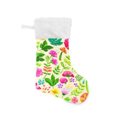 Imagem de Wassud Meia de Natal fofa com flores coloridas de punho branco (2) Meia grande de Natal de 45,7 cm para decoração de lareira e cornija de lareira 1 pacote