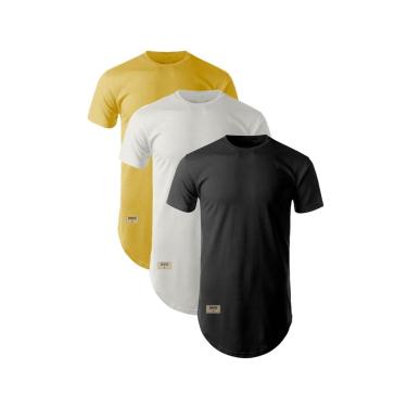 Imagem de Kit Camisetas Longline Barbado Preta Branca e Amarela Algodão 30.1-Masculino