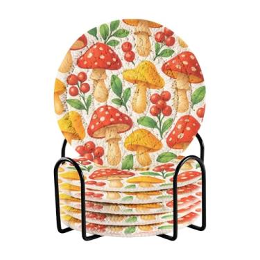 Imagem de SEHANY Conjunto de 6 porta-copos de cogumelos florestais com suporte, porta-copos redondos absorventes de algodão resistente ao calor para mesa de jantar, canecas de café, 10 cm