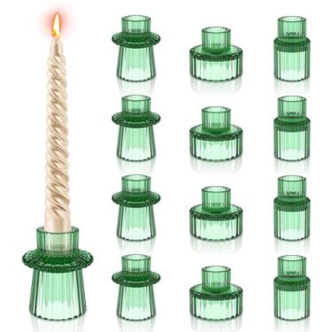 Imagem de OKYMOTOR Castiçais de vidro cônico, 12 peças de castiçais tealight, suporte de vela verde para centros de mesa, decoração de casamento e jantar