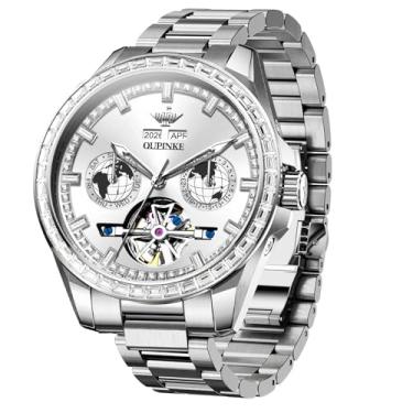 Imagem de OUPINKE Relógio masculino automático com mostrador 3D com calendário luminoso à prova d'água de 5 ATM - pulseira de aço de tungstênio com cristal de safira, Prata.