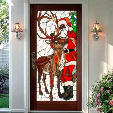 Imagem de HOMETITUTE Película para janela vertical de Natal Papai Noel com rena estilo vitral decorativo para janela de privacidade 43 x 100 cm