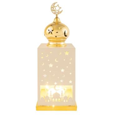 Imagem de flangairy Lanterna de Ramadã com luzes LED e música, suporte de vela decorativo de metal de 36 cm, decoração de casa muçulmana para ambientes internos e de mesa, luminária de varanda de pátio ao ar