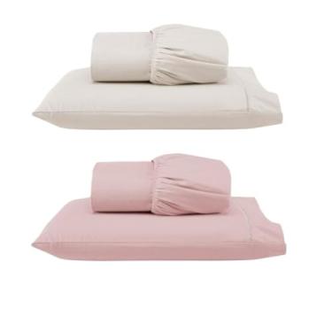Imagem de Kit 2 Jogos de Lençol Solteiro com Elástico e Fronha Bordada em Ponto Palito, 4 Peças em Micropercal 300 Fios 100% Poliéster (2 Jogos Solteiro Versat (Palha/Rosê))