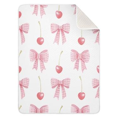 Imagem de Qilmy Cobertor de bebê cereja e laço 76 x 101 cm, cobertor infantil de algodão macio para meninos e meninas, cobertor leve e quente para bebês de berço, carrinho de bebê, soneca, recém-nascido