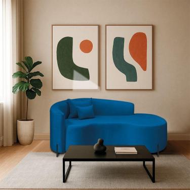 Imagem de Divã Recamier Curvo Sala De Estar Recepção Inglaterra 200cm Pés Metal Preto Lado Direito Linho Azul Royal