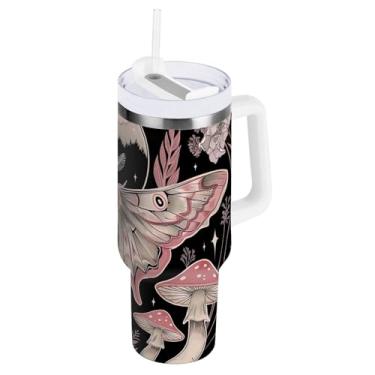 Imagem de ODAWA Copo grande isolado de outono com canudo e alça, copo preto à prova de derramamento de cogumelos mariposa com canudo