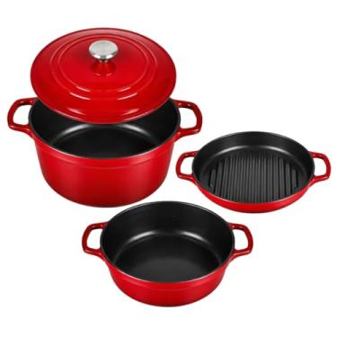 Imagem de Conjunto de Panelas de Ferro Fundido 3 Peças com Tampa – Cozimento Uniforme, Compatível com Gás, Indução e Forno – Kit 10kg (Vermelho)