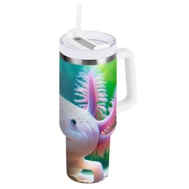 Imagem de ODAWA Copo isolado de aço inoxidável grande com canudo e alça, copo de viagem isolado Axolotl