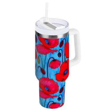 Imagem de ODAWA Caneca grande com isolamento de papoulas vermelhas azuis com alça e tampa de palha, copo isolado a vácuo